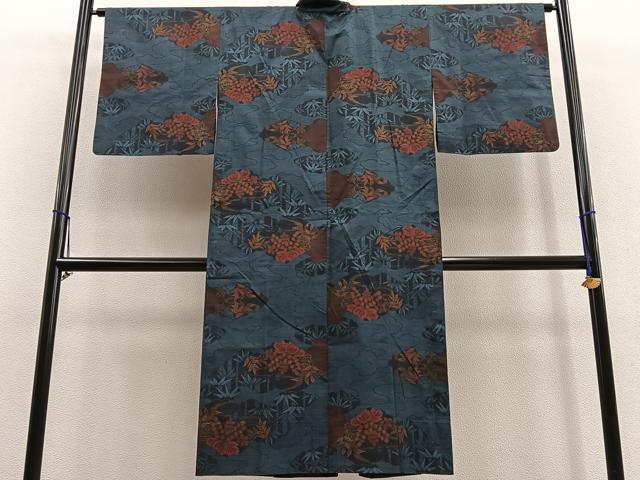 平和屋着物＃道中着　本場大島紬　単衣　ロング丈　9マルキ　雲取り桐竹文　正絹　逸品　BAAU0069gt 平和屋着物＃道中着 本場大島紬 単衣 ロング丈 9マルキ 雲取り桐