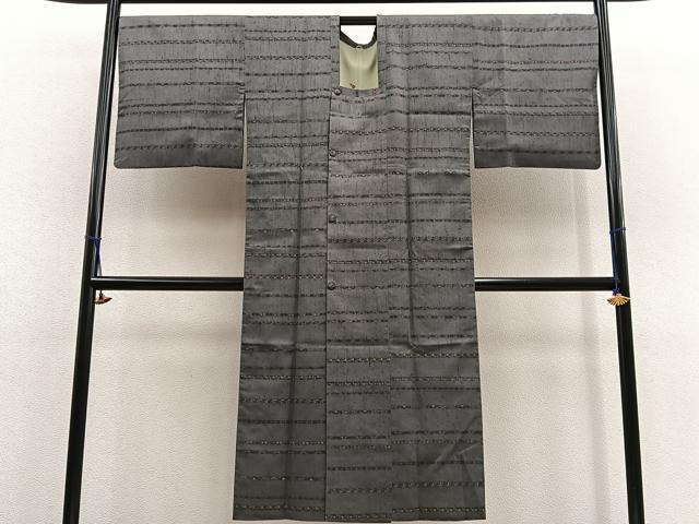 平和屋着物＃道中着 ロング丈 紬地 横段文 正絹 逸品 BAAU0090gt