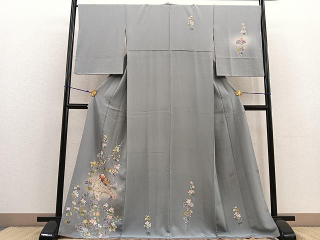 平和屋着物●訪問着　ロング丈　友禅　鴛鴦花文　蛍暈し　正絹　逸品　BAAU0175gt