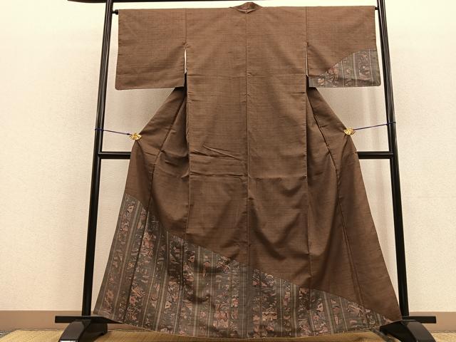 平和屋着物●訪問着　紬地　型染め　吉祥風景間道　正絹　逸品　BAAU0187gt