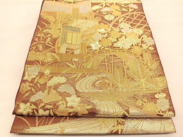 平和屋着物●西陣　川島織物　六通柄　本袋帯　渡橋御所車花文　金銀糸　正絹　逸品　BAAU1863hv