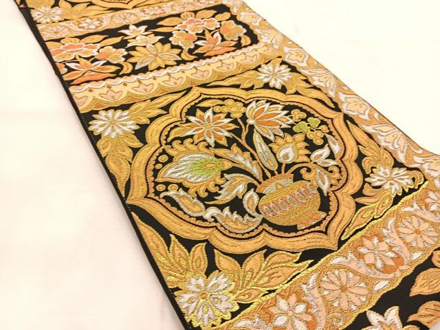 平和屋着物◎六通柄袋帯 更紗花菱文 黒地 金銀糸 正絹 逸品