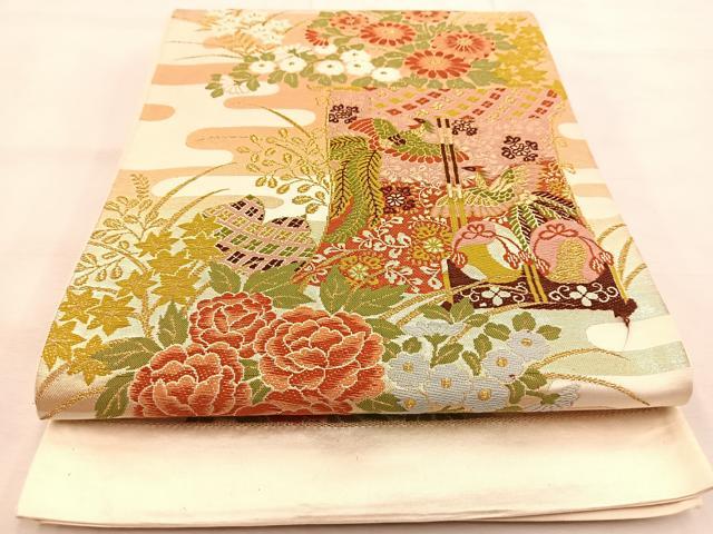 平和屋着物▼六通柄袋帯　吉祥鳳凰花唐草文　金糸　正絹　逸品　AABA1371wj