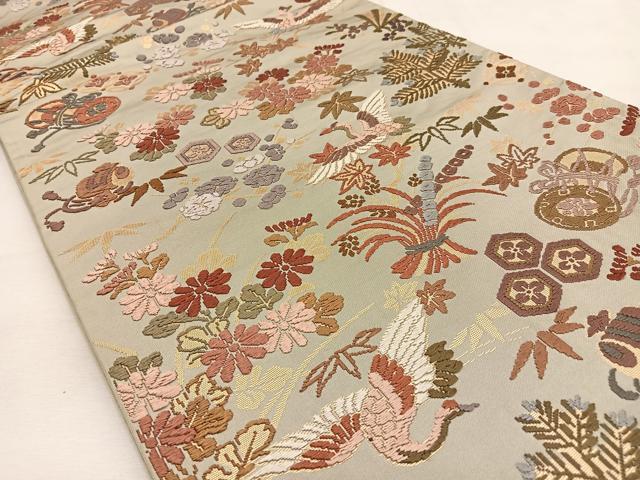 平和屋着物○六通柄袋帯 唐織 草木染 宝尽くし楽器花文 金糸 正絹