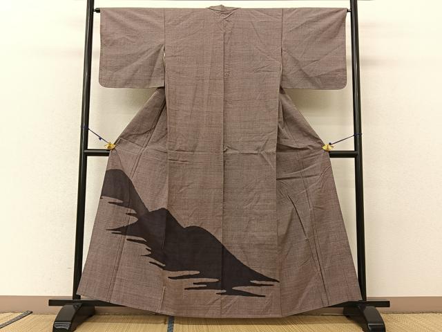 平和屋着物▽訪問着　単衣　紬地　エ霞重ね山文　正絹　逸品　未使用　BAAU3488hj