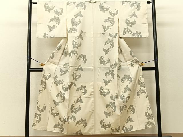 平和屋着物▽小紋 単衣 立涌舞蝶文 黒地 洗える着物 AAAU8555fy