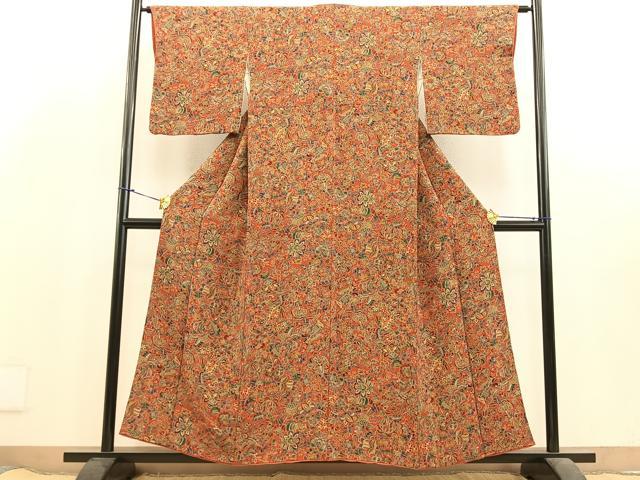 平和屋着物□上質な小紋 切嵌更紗花文 鬼しぼ縮緬 正絹