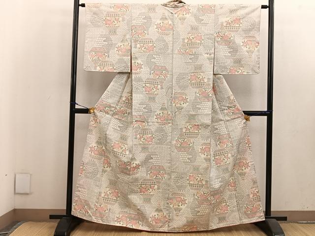 平和屋着物▽上質な紬　単衣　風景花文　黒地　正絹　逸品　BAAS8025yc 平和屋着物▽上質な紬 単衣 風景花文 黒地 正絹 逸品 BAAS8025yc