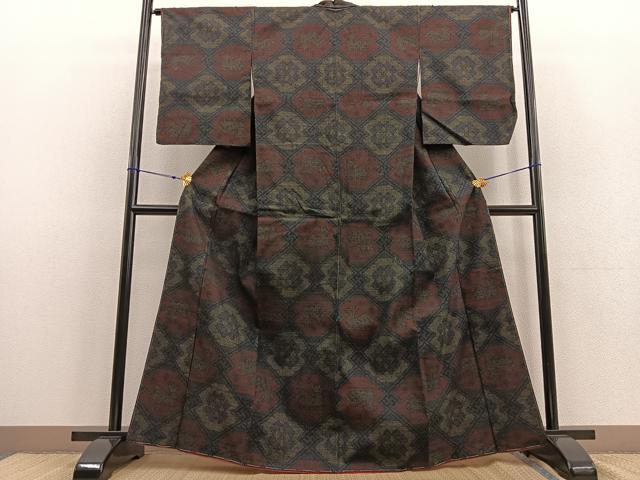 平和屋着物○結城紬 訪問着 100亀甲 短冊枝花文 黒地 正絹 逸品