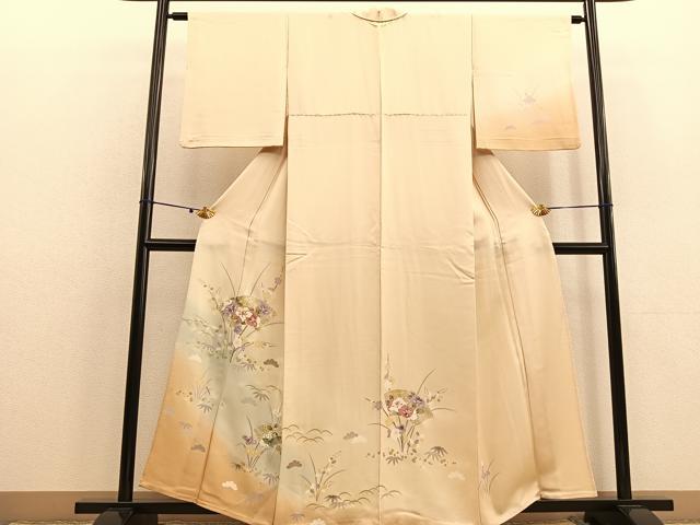 平和屋着物▽訪問着　単衣　駒刺繍　地紙花文　暈し染め金彩　正絹　逸品　BAAU4654gt