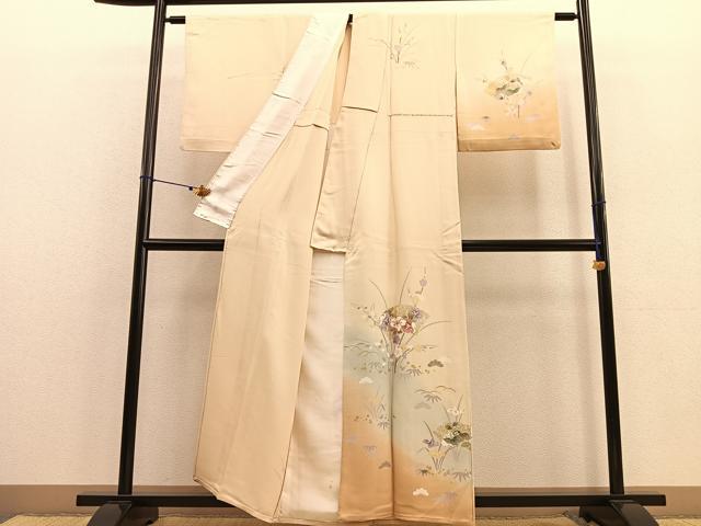 平和屋着物▽訪問着　単衣　駒刺繍　地紙花文　暈し染め金彩　正絹　逸品　BAAU4654gt_1