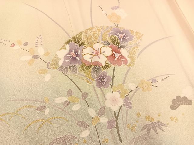 平和屋着物▽訪問着　単衣　駒刺繍　地紙花文　暈し染め金彩　正絹　逸品　BAAU4654gt_3