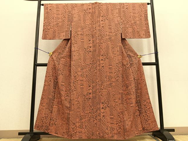 平和屋着物○上質な小紋 片身替わり 百入茶色×黄土色 正絹 逸品