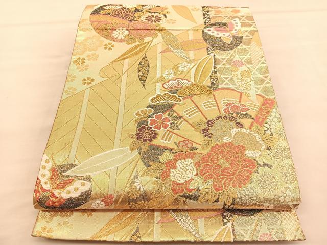 平和屋着物◎六通柄袋帯 唐織 檜扇花蝶文 金糸 正絹 逸品 BAAU4876hvの 