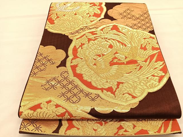 西陣 服部織物謹製 六通柄袋帯 手工芸 こはく錦 飾花文 金