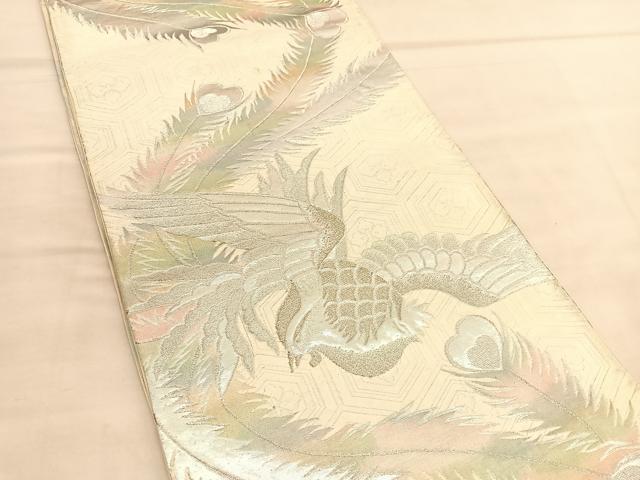 六通柄袋帯 花柄 鳳凰刺繍 ベージュ系 袋帯 秀品 桐竹鳳凰 菱 刺繍 金銀糸 金茶 六通 正絹 中古 : リユース
