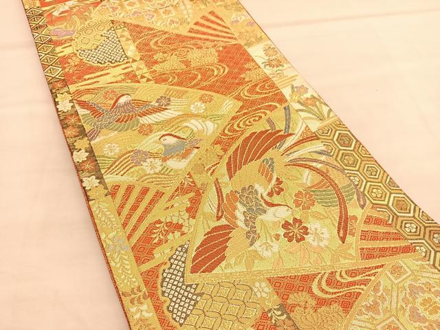 袋帯 銀通し 金彩 手描き 鳳凰 鳥 桐 正絹 六通 Q1166 袋帯 銀通し 金彩 手描き 鳳凰 鳥 桐 正絹 六通 Q1166