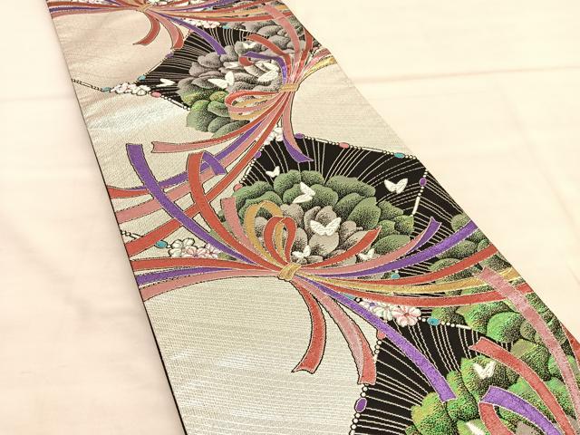 袋帯　シルバー地　熨斗に花蝶模様　逸品 平和屋着物◎六通柄袋帯 束ね熨斗花蝶文 黒地 金銀糸