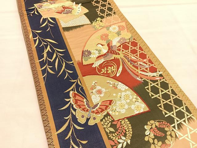 平和屋着物◎六通柄袋帯 唐織 地紙花蝶文 金糸 正絹 ZY-635 袋帯 花唐草 蝶々 六通 縦柄 金糸 正絹 高級 名品