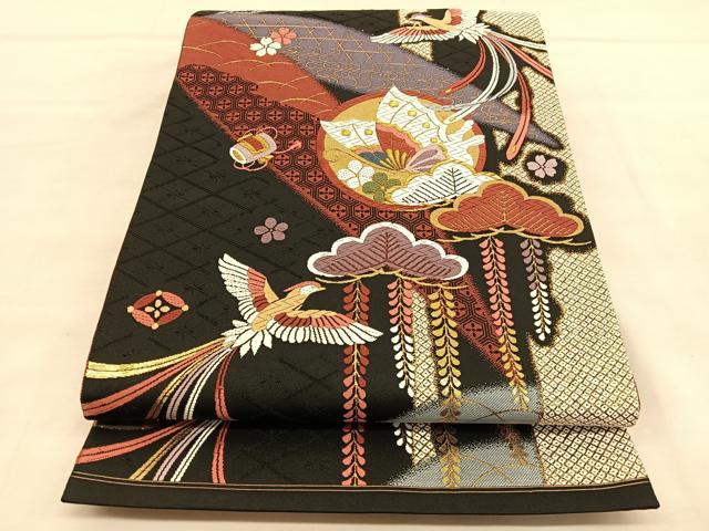 正絹 黒地鳳凰柄 袋帯 中古正絹 袋帯 黒地に鳳凰文様 六通柄 : リサイクル