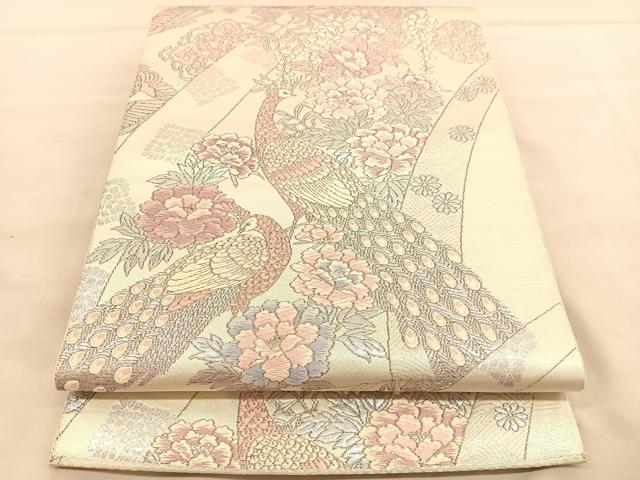 平和屋着物◎六通柄袋帯 プラチナ箔二重織 孔雀文 銀糸