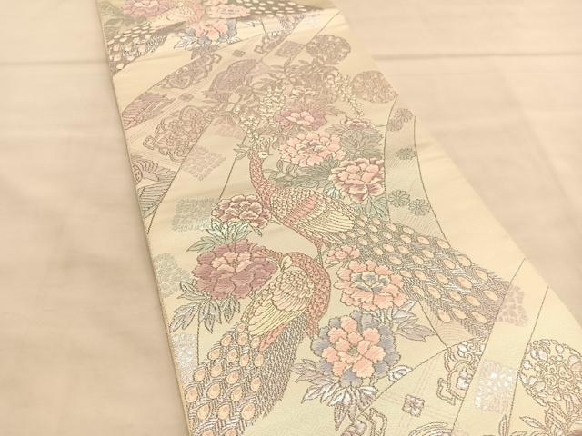 平和屋着物◎六通柄袋帯 プラチナ箔二重織 孔雀文 銀糸