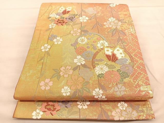 平和屋着物◎六通柄袋帯 唐織 飛鶴花文 金糸 正絹 逸品