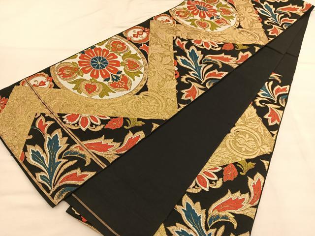 平和屋着物◎六通柄 京本袋帯 黒地 吉祥花文 金糸 逸品