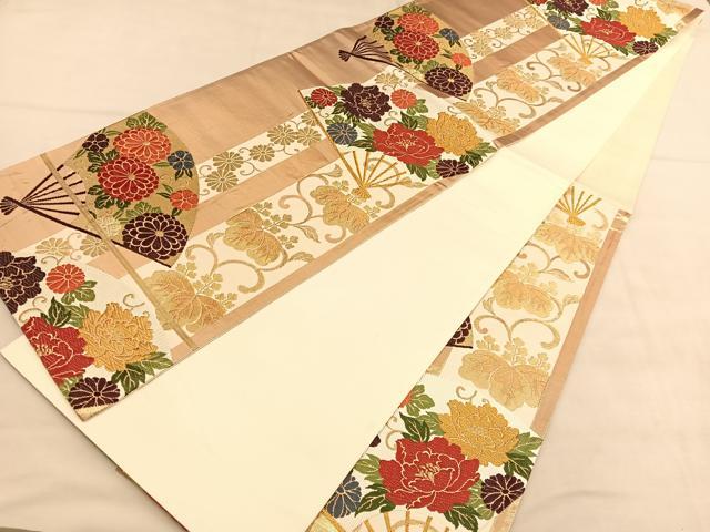 平和屋着物◎六通柄袋帯 唐織 扇面花文 金糸 正絹 逸品 BAAU5462hv