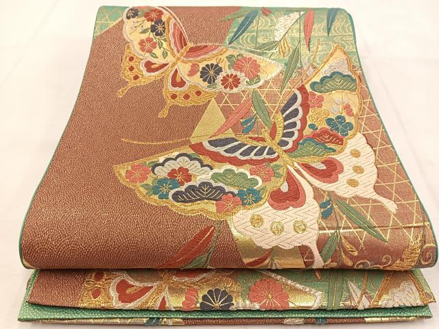 M257 夏帯　花模様　蝶々　唐織　絽　六通　正絹　袋帯 M257 夏帯 花模様 蝶々 唐織 絽 六通 正絹 袋帯