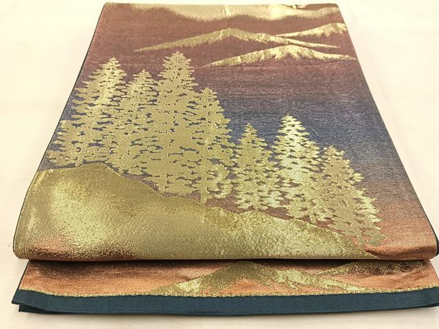 平和屋着物◎六通柄袋帯 風景樹林文 銀糸 正絹 逸品 未使用
