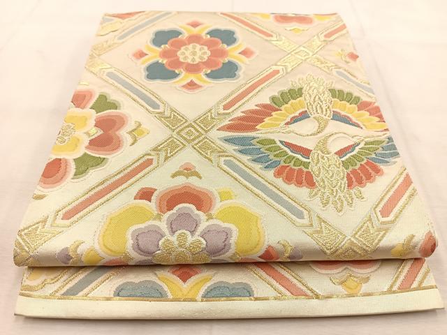 平和屋着物◎六通柄袋帯 ふくれ織 草花文 正絹 逸品 BAAM3376cm