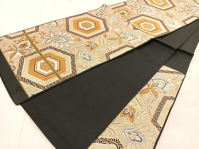 金亀甲袋帯 袋帯 黒 金 赤 銀 亀甲 花 六通柄 正絹 仕立て上がり