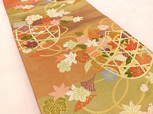 平和屋着物▽六通柄袋帯 唐織 正倉院菱花文 黒地