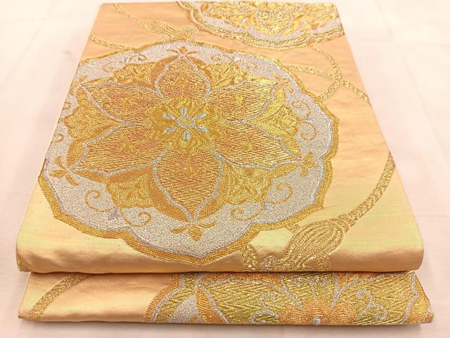 5k2765 袋帯 絹 東京 井筒工芸 創作 唐織 開き仕立て 金色 銀色 花柄