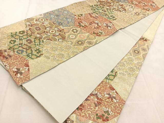 平和屋着物◎六通柄袋帯 唐織 切嵌更紗花文 金銀糸