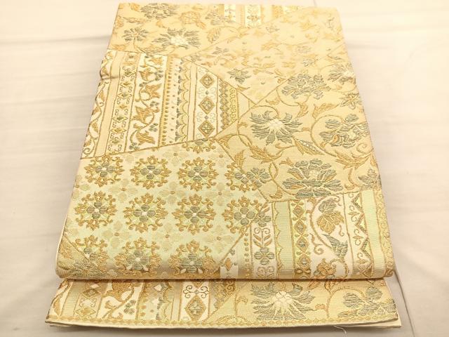 平和屋着物○六通太鼓柄袋帯 蘇州刺繍 切嵌草花文 金糸 逸品 
