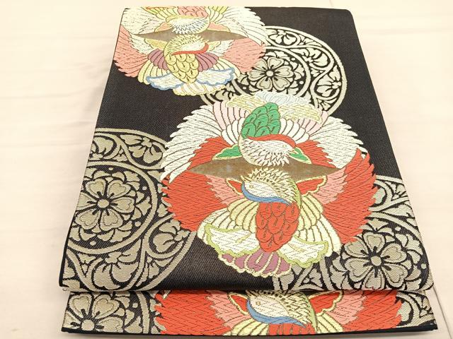 平和屋着物◎六通柄袋帯　鴛鴦花丸文　金銀糸　正絹　逸品　CABD1715ha 金銀糸 逸品 唐織 黒地 花鳥丸文 雪輪鴛鴦花文