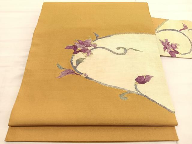 平和屋着物●八寸名古屋帯　貝紫　花唐草文　すくい織　金糸　正絹　逸品　BAAV3168hv