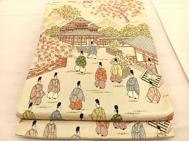 平和屋着物◎六通柄袋帯 唐織 人物風景文 金糸 正絹 逸品 BAAV3726hvの