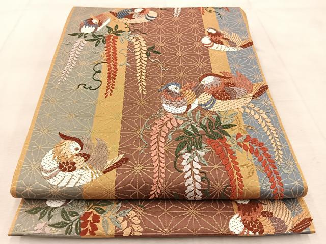 平和屋着物●六通柄袋帯　唐織　麻地紋鴛鴦文様　金糸　正絹　逸品　BAAV4181yc