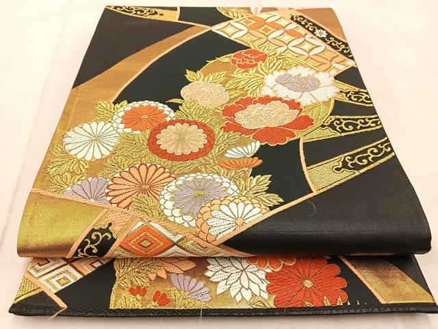 平和屋着物●六通柄袋帯　唐織　能衣錦　扇面花文　黒地　金糸　正絹　逸品　BAAV4238yc