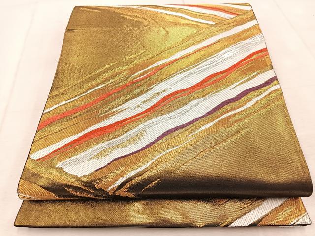 平和屋着物●西陣の名門　加納幸謹製　六通柄袋帯　唐織　よろけ斜縞　黒地　金糸　正絹　逸品　BAAV4356yc