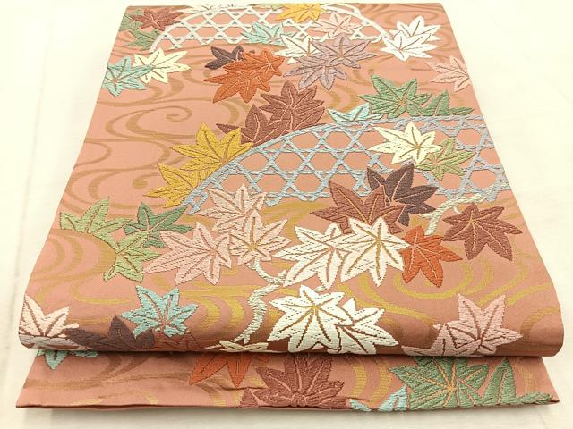 平和屋着物●六通柄袋帯　唐織　流水楓文　金銀糸　正絹　逸品　BAAV4378yc