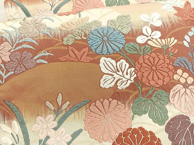 平和屋着物●六通柄袋帯　唐織　地紙草花文　金糸　正絹　逸品　BAAV5397hv 平和屋着物○六通柄袋帯 唐織 地紙草花文 金糸 正絹 逸品