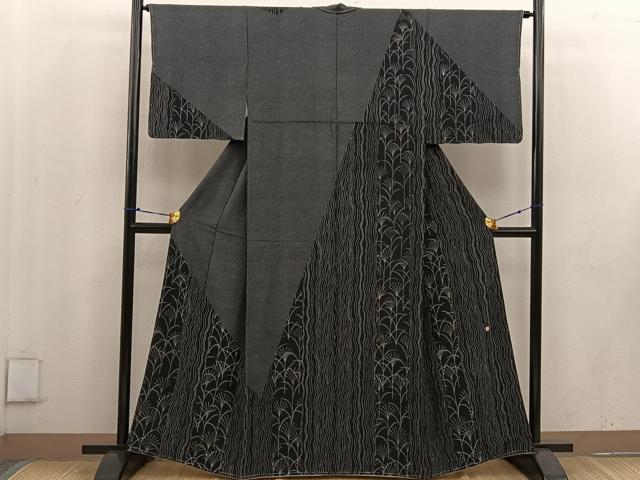 平和屋着物●訪問着　作家物　草葉文　黒地　正絹　逸品　未使用　BAAV6193mz