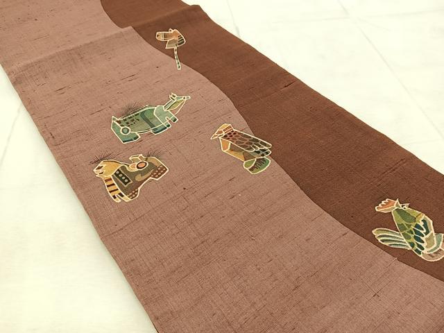 平和屋着物○太鼓柄袋帯 作家物 紬地 型染め 玩具 十二支 正絹