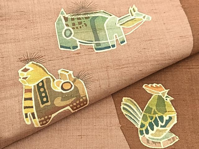 平和屋着物●太鼓柄袋帯　作家物　紬地　型染め　玩具　十二支　正絹　逸品　BAAV6452yc 平和屋着物○太鼓柄袋帯 作家物 紬地 型染め 玩具 十二支 正絹