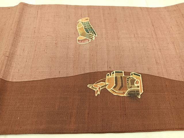 平和屋着物○太鼓柄袋帯 作家物 紬地 型染め 玩具 十二支 正絹
