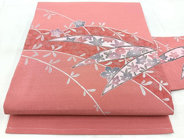 平和屋着物＊夏物　九寸名古屋帯　笹の葉取草花文　銀彩　未使用　BAAV7057yc